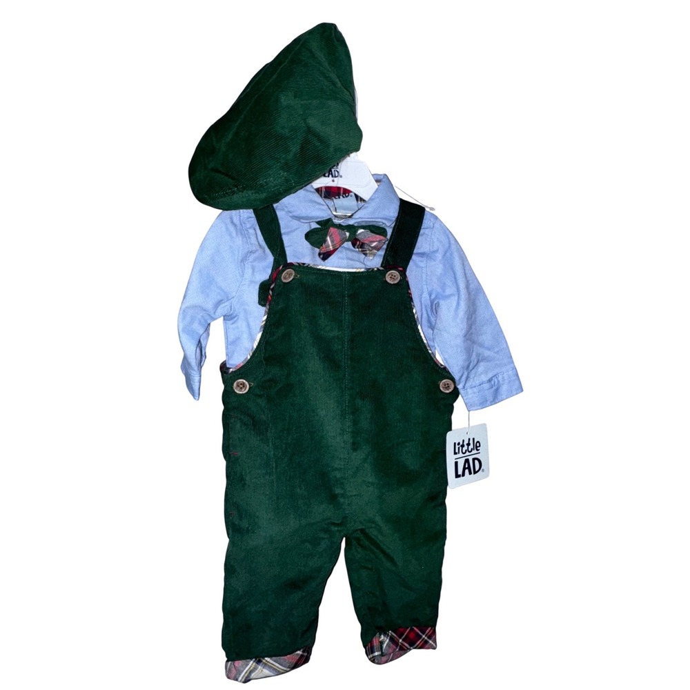 Little Lad Baby Boy 4 Piece Plaid Corduroy Overalls Set‎ Green  3-6M St Patricks